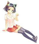  akr_et animal_ears arm_support bad_id bad_pixiv_id black_legwear blue_eyes blue_hair cat_ears feet hair_ornament hairclip ikeda_kana kazekoshi_school_uniform legs open_mouth paw_pose saki school_uniform short_hair sitting skirt smile solo thighhighs zettai_ryouiki 