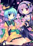  dress flower green_eyes green_hair hat heart heart_of_string kikichan komeiji_koishi komeiji_satori multiple_girls petals purple_eyes purple_hair short_hair siblings sisters touhou 