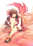  bad_id bad_pixiv_id blush brown_eyes brown_hair detached_sleeves dress flower hair_bobbles hair_ornament happy high_heels highres legs long_hair original shoes shorts side_ponytail sitting smile solo wings yamiko 