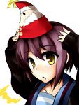  cardigan christmas hat kita_high_school_uniform nagato_yuki party_hat purple_hair santa_claus school_uniform serafuku short_hair solo surikogi suzumiya_haruhi_no_yuuutsu yellow_eyes 