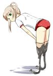  amputee aoinu ass bent_over blonde_hair brown_hair buruma double_amputee green_eyes gym_uniform hair_bobbles hair_ornament ibarazaki_emi katawa_shoujo prosthesis solo twintails 