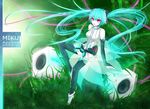 515m anklet aqua_hair bad_id bad_pixiv_id barefoot belt character_name elbow_gloves gloves hatsune_miku hatsune_miku_(append) highres jewelry long_hair red_eyes sitting smile solo speaker toeless_legwear twintails very_long_hair vocaloid vocaloid_append 