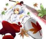  animal_ears bad_id bad_pixiv_id detached_sleeves hakama hat inubashiri_momiji japanese_clothes leaf maple_leaf midriff red_eyes red_hakama rikkunia sarashi shield short_hair silver_hair solo sword tokin_hat touhou weapon wolf_ears 