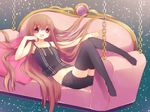  bad_id bad_pixiv_id brown_hair copyright_request couch fang happy long_hair purple_eyes shorts solo swing_furniture thighhighs yamiko 