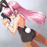  animal_ears ass back back-seamed_legwear bare_shoulders blush bunny_ears bunny_tail bunnysuit dd_(ijigendd) dutch_angle fishnet_pantyhose fishnets from_behind green_eyes gun handgun long_hair original pantyhose pink_hair pistol seamed_legwear sig_sauer sig_sauer_p228 solo tail weapon wrist_cuffs 