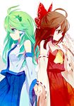  akira_hou back-to-back bad_id bad_pixiv_id bow brown_eyes brown_hair detached_sleeves green_eyes green_hair hair_bow hakurei_reimu holding_hands kochiya_sanae multiple_girls profile touhou 