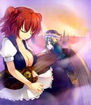  blue_eyes boat breasts chin_rest cleavage closed_eyes green_hair hair_bobbles hair_ornament hat highres kneeling large_breasts multiple_girls onozuka_komachi open_mouth red_hair shiki_eiki short_hair tachikoma_(shin-a) touhou two_side_up watercraft 