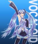  2d armpits blue_eyes blue_hair detached_sleeves happy hatsune_miku long_hair navel necktie skirt solo thighhighs twintails vocaloid waving zettai_ryouiki 