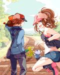  1girl bad_id bad_pixiv_id bag baseball_cap blue_eyes brown_eyes brown_hair day gen_5_pokemon haru_(spr) hat oshawott pokemon pokemon_(creature) pokemon_(game) pokemon_bw ponytail railroad_tracks sky snivy tepig touko_(pokemon) touya_(pokemon) vest watch wristwatch 