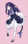  blue_hair blush dress frederica_bernkastel letterboxed long_hair pink_background purple_eyes ribbon smile socks solo tail tail_ribbon tan_(tangent) umineko_no_naku_koro_ni 