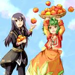  1girl apple aqua_background black_eyes black_hair bracelet carrying choker crossover dress farah_oersted food fruit green_hair jewelry koma_tori long_hair orange_dress red_choker short_hair tales_of_(series) tales_of_eternia tales_of_vesperia yellow_eyes yuri_lowell 