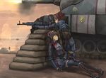  alicia_melchiott assault_rifle bandana battle blood boots brigitte_stark brown_hair caterpillar_tracks closed_eyes commentary_request double_bun edelweiss_(senjou_no_valkyria) faulds gloves ground_vehicle gun injury knee_boots kurio machine_gun military military_uniform military_vehicle motor_vehicle multiple_girls pouch red_hair rifle sandbag senjou_no_valkyria senjou_no_valkyria_1 short_hair tank thighhighs uniform war weapon zettai_ryouiki 