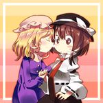  bad_id bad_pixiv_id blonde_hair brown_eyes brown_hair hachi_(8bit_canvas) hat heart highres maribel_hearn multiple_girls short_hair touhou usami_renko yuri 