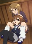  black_legwear brown_eyes brown_hair cheek_pinching extra hirasawa_yui k-on! long_hair loose_socks multiple_girls pantyhose pinching school_uniform short_hair socks tachibana_himeko takizaking 