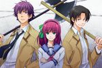  2boys angel_beats! black_hair crossed_arms fujimaki_(angel_beats!) green_eyes halberd kashiwa_mochi_(tsuni) multiple_boys noda_(angel_beats!) polearm purple_eyes purple_hair school_uniform shirasaya short_hair sword weapon yuri_(angel_beats!) 