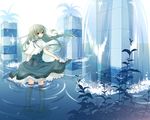  bad_id bad_pixiv_id barefoot bubble capelet dress fountain green_eyes green_hair happy leaf long_hair looking_back original pillar plant ribbon ripples see-through skirt_hold solo splashing very_long_hair wading water waterfall yamiko 