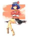  anklet asa_natsume blue_hair breasts crossed_arms crossed_legs error feet hair_ornament hairband jewelry large_breasts leaf_hair_ornament mirror red_eyes sandals short_hair sitting solo touhou yasaka_kanako 