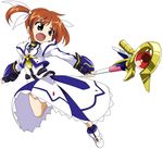  boots brown_hair hair_ribbon left-handed lyrical_nanoha mahou_shoujo_lyrical_nanoha mahou_shoujo_lyrical_nanoha_the_movie_1st open_mouth purple_eyes raising_heart ribbon short_twintails solo takamachi_nanoha takeya_yuuki twintails 