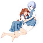  9aki ayanami_rei barefoot blue_eyes feet highres hug legs long_hair multiple_girls neon_genesis_evangelion red_eyes school_uniform shikinami_asuka_langley short_hair skirt souryuu_asuka_langley yuri 