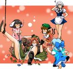  azuki_osamitsu chen cirno fingerless_gloves gameplay_mechanics gloves grin hong_meiling inaba_tewi izayoi_sakuya jacket leather leather_jacket md5_mismatch multiple_girls nose_drip power-up rope shovel sleeves_rolled_up smile touhou 