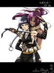  bare_shoulders black_hair bleach breasts dagger dark_skin elbow_gloves gloves grin halterneck hug hug_from_behind interlocked_fingers japanese_clothes long_hair looking_back medium_breasts multiple_girls purple_hair sash shihouin_yoruichi shikai short_hair short_hair_with_long_locks sideboob signature smile sui-feng suzumebachi_(shikai) torn_clothes twintails waitlion weapon yellow_eyes yuri 