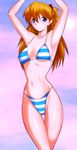  arms_up bad_id bad_pixiv_id bikini blue_eyes long_hair neon_genesis_evangelion orange_hair solo souryuu_asuka_langley striped striped_bikini swimsuit tete_(tt101s) 