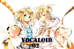  1girl alternate_costume blonde_hair brother_and_sister casual contemporary fashion fujiwara_rika green_eyes hair_ornament hair_ribbon hairclip hood hoodie kagamine_len kagamine_rin outstretched_arm outstretched_hand reaching ribbon short_hair siblings smile twins vocaloid 