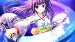  furisode highres iro_ni_ide_ni_keri_waga_koi_wa japanese_clothes kimono ko~cha purple_eyes purple_hair solo sword tenjou_kikyou weapon 