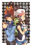  1girl baseball_cap blue_eyes brown_eyes brown_hair cubexcube gen_5_pokemon hat oshawott pokemon pokemon_(creature) pokemon_(game) pokemon_bw ponytail snivy tepig touko_(pokemon) touya_(pokemon) 