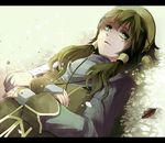  green_eyes green_hair hair_tubes ion letterboxed long_hair lying male_focus ouri sidelocks solo tales_of_(series) tales_of_the_abyss tears white_background 