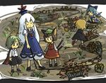  antennae blonde_hair brown_hair chen cirno drawing fairy full_body green_hair ice ice_wings insect_girl kamishirasawa_keine marukei_(kuramaruk) multiple_girls rumia short_hair standing touhou wings wriggle_nightbug 