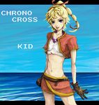  1girl blonde_hair blue_eyes chrono_(series) chrono_cross female gloves jacket jewelry kid_(chrono_cross) long_hair midriff miniskirt necklace outdoors ponytail red_ribbon ribbon ripu_(vincecarter) skirt sky solo tank_top tanktop vincecarter water 