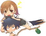  1girl biribiri controller couple game_controller gamepad hair_ornament hairclip hetero hino_(pixiv1563186) kamijou_touma misaka_mikoto playing_games school_uniform short_hair shorts to_aru_kagaku_no_railgun to_aru_majutsu_no_index 