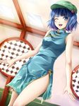  alternate_costume bad_id bad_pixiv_id bangs blue_eyes blue_hair blunt_bangs china_dress chinese_clothes dress dutch_angle floral_print hair_bobbles hair_ornament hat kawashiro_nitori key mochi.f no_panties one_eye_closed open_mouth short_hair side_slit smile solo touhou twintails two_side_up 