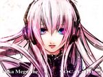  close headphones megurine_luka multicolored_eyes pink pink_hair portrait simple_background solo very_long_hair vocaloid 