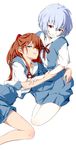  9aki ayanami_rei barefoot blue_eyes hug long_hair multiple_girls neon_genesis_evangelion red_eyes school_uniform shikinami_asuka_langley short_hair skirt souryuu_asuka_langley yuri 