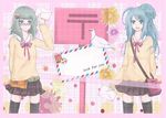  bad_id bad_pixiv_id belt bird flower glasses green_hair gumi hatsune_miku highres kei_(pixiv47157) letter long_hair mail multiple_girls skirt smile sweater thighhighs vocaloid 