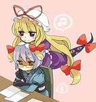  1girl 417 annoyed blonde_hair blush_stickers bow brown_eyes crossed_arms elbow_gloves eyes gap glasses gloves grey_hair hair_bow hat hat_ribbon hetero long_hair morichika_rinnosuke musical_note purple_eyes red_eyes ribbon sitting smile sweatdrop touhou very_long_hair white_gloves yakumo_yukari 