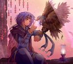  animal animal_on_arm bird bird_on_arm candle cape eagle earrings feathers hawkeye headband jewelry long_hair male_focus milan1000 necklace petals purple_hair seiken_densetsu seiken_densetsu_3 solo wind yellow_eyes 