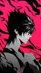  bad_id bad_pixiv_id banned_artist black_hair hiei_(yuu_yuu_hakusho) male_focus monochrome pink_background pink_eyes s_tanly solo yuu_yuu_hakusho 