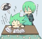  arc_system_works blanket blazblue chibi cute green_hair hazama kotatsu saliva sleep sleeping smile spiked_hair spiky_hair table translation_request 