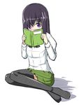  alternate_legwear aoinu blush book hair_over_one_eye ikezawa_hanako katawa_shoujo long_hair purple_eyes purple_hair scar school_uniform sitting skirt solo thighhighs zettai_ryouiki 