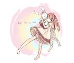  blush brown_hair dress english legs long_hair original sketch solo stuffed_animal stuffed_bunny stuffed_toy tan_(tangent) thighhighs 