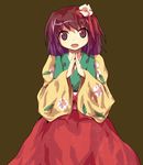  alphes_(style) flower hair_flower hair_ornament hands_together hieda_no_akyuu japanese_clothes ni_(ippozenshin) obi open_mouth own_hands_together parody purple_eyes purple_hair sash smile solo style_parody touhou 