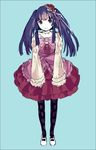  blue_background blue_hair blush bow dress furudo_erika gothic_lolita letterboxed lolita_fashion long_hair pantyhose pink_bow smile solo tan_(tangent) umineko_no_naku_koro_ni 
