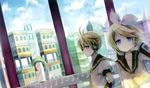  1girl aqua_eyes bad_id bad_pixiv_id blonde_hair blush brother_and_sister building city cityscape cloud day detached_sleeves hair_ribbon headphones highres kagamine_len kagamine_rin necktie ponytail ribbon sailor_collar scenery short_hair siblings sky twins usui_(tripcube) vocaloid yellow_neckwear 