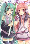  ahoge aqua_eyes aqua_hair bad_id bad_pixiv_id detached_sleeves elbow_gloves gloves hatsune_miku headset long_hair multiple_girls musical_note necktie pink_eyes pink_hair robot_joints sf-a2_miki skirt smile spring_onion thighhighs twintails very_long_hair vocaloid zenyu 