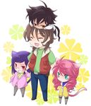  3boys animal_ears black_hair blue_eyes blush bodysuit brown_hair cat_ears cat_tail chibi closed_eyes feldt_grace glasses gundam gundam_00 kemonomimi_mode kinutarou lockon_stratos long_hair multiple_boys neil_dylandy pink_hair purple_hair red_eyes setsuna_f_seiei smile tail tieria_erde twintails vest yellow_bodysuit 