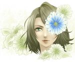  brown_hair female final_fantasy final_fantasy_x flower gradient gradient_background green_eyes ranis short_hair solo white_background yuna 