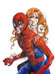  1girl angry bad_id bad_pixiv_id black_hair blood blue_eyes injury kosuga_kumi long_hair marvel mary_jane_watson orange_hair peter_parker red_hair simple_background spider-man spider-man_(series) superhero torn_clothes wavy_hair 